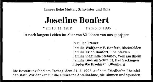 Bonfert Josefine 1912-1995 Todesanzeige